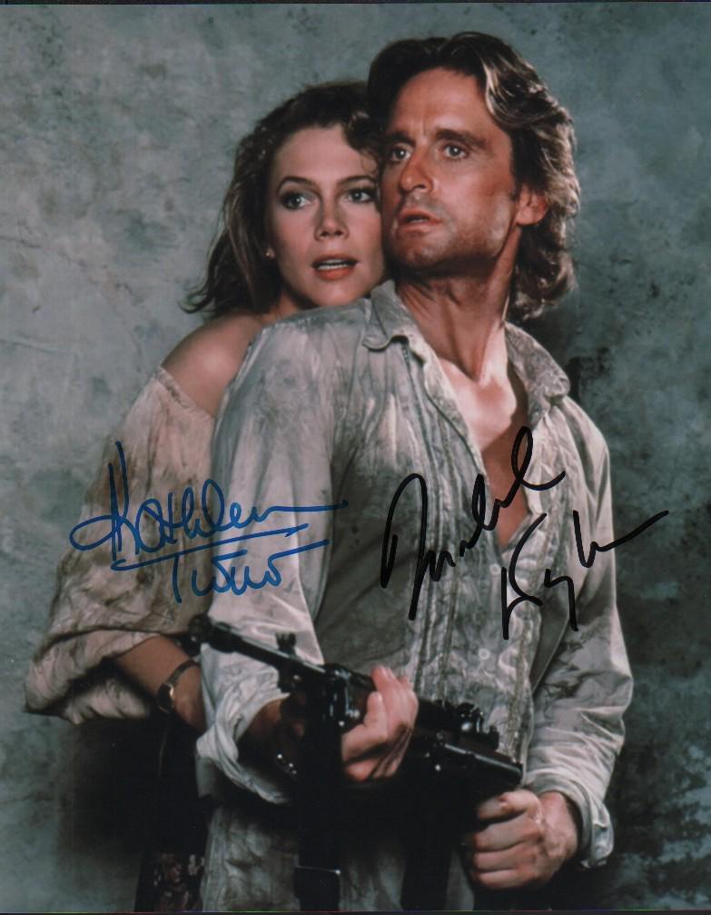 A color cast signed 8x10 by both stars Michael Douglas: A color cast signed 8x10 by both stars Michael Douglas and Kathleen Turner with COA