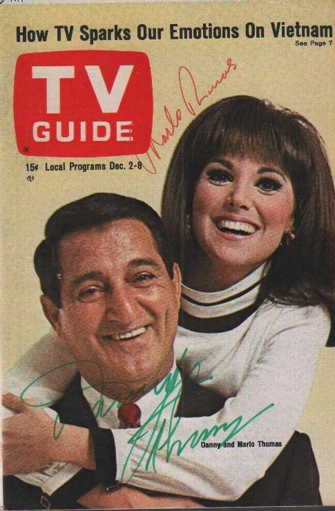 Marlo and Danny Thomas signed TV Guide: A TV Guide near mint cond no label signed by both stars Dad and daughter with COA