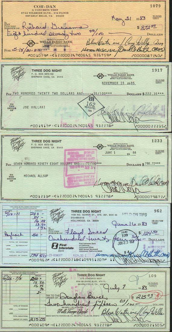 Three Dog Night bank checks signed by band FIVE in one (1 of 1)