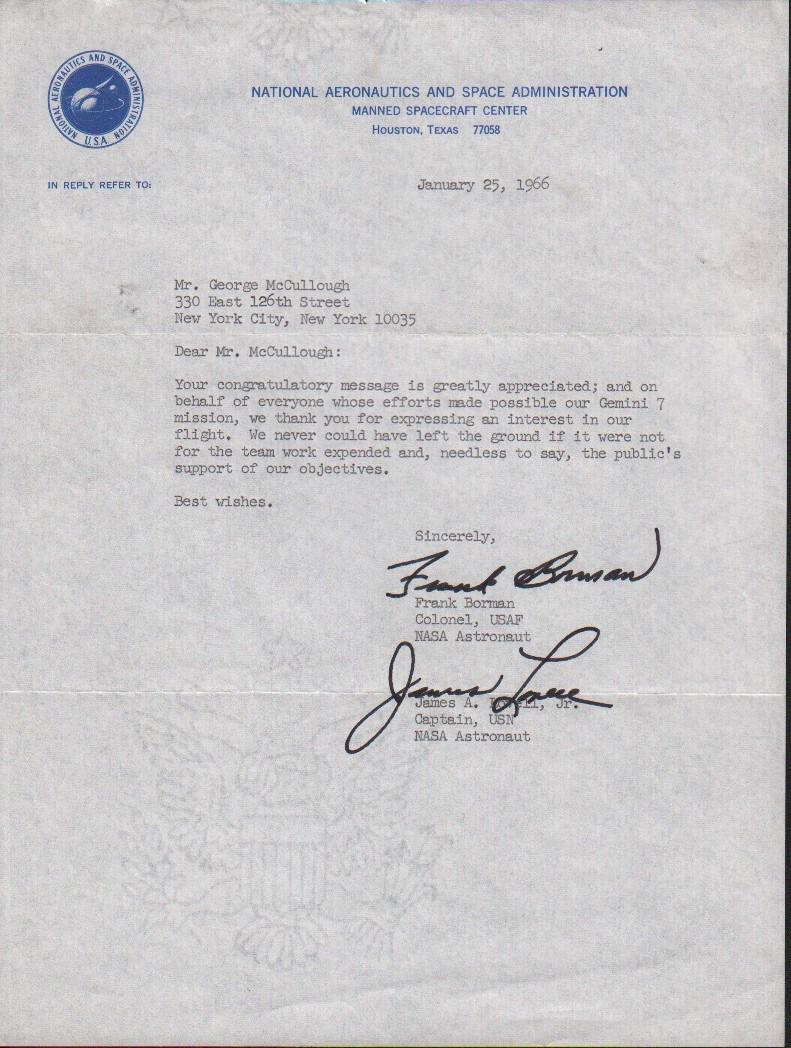 Frank Borman and James Lovell early NASA letter signed (1 of 1)
