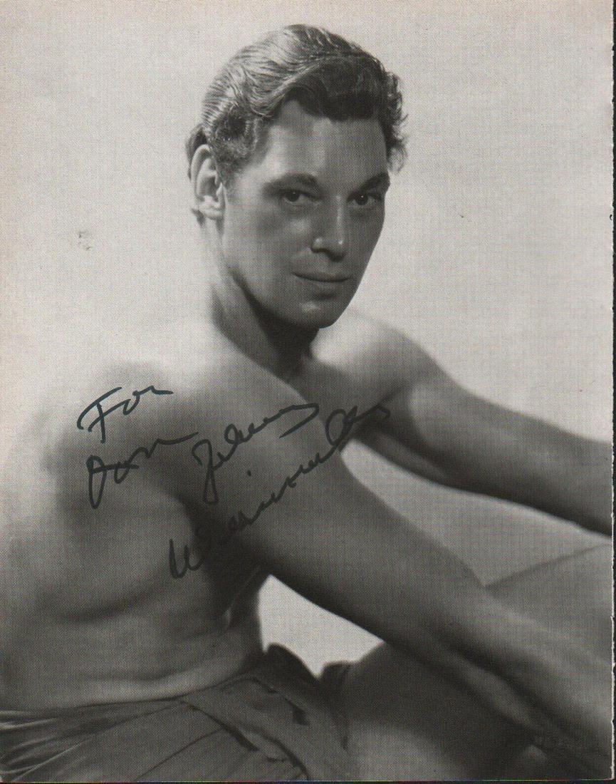 Johnny Weismuller signed Tarzan photograph: A nice vintage signed larger 9x12 stunning TARZAN image taken from a heavy coffee table book with COA These were all obtained in person by the over 50 year interviewer at the San Francisco newspaper w
