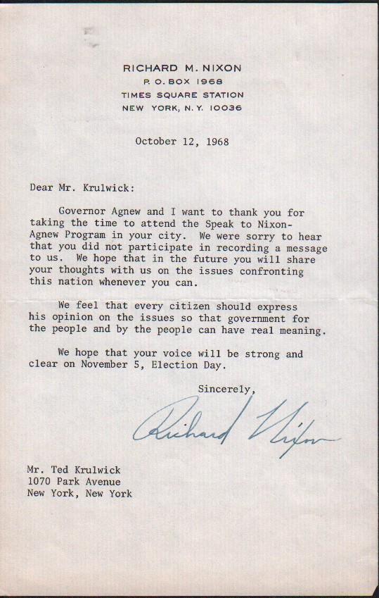 Richard Nixon signed letter 1968 (1 of 1)
