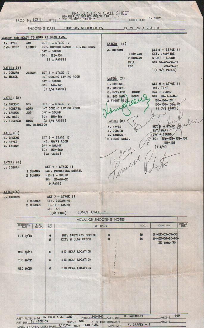 Bonanza cast signed original production call sheet for days shooting schedule (1 of 1)