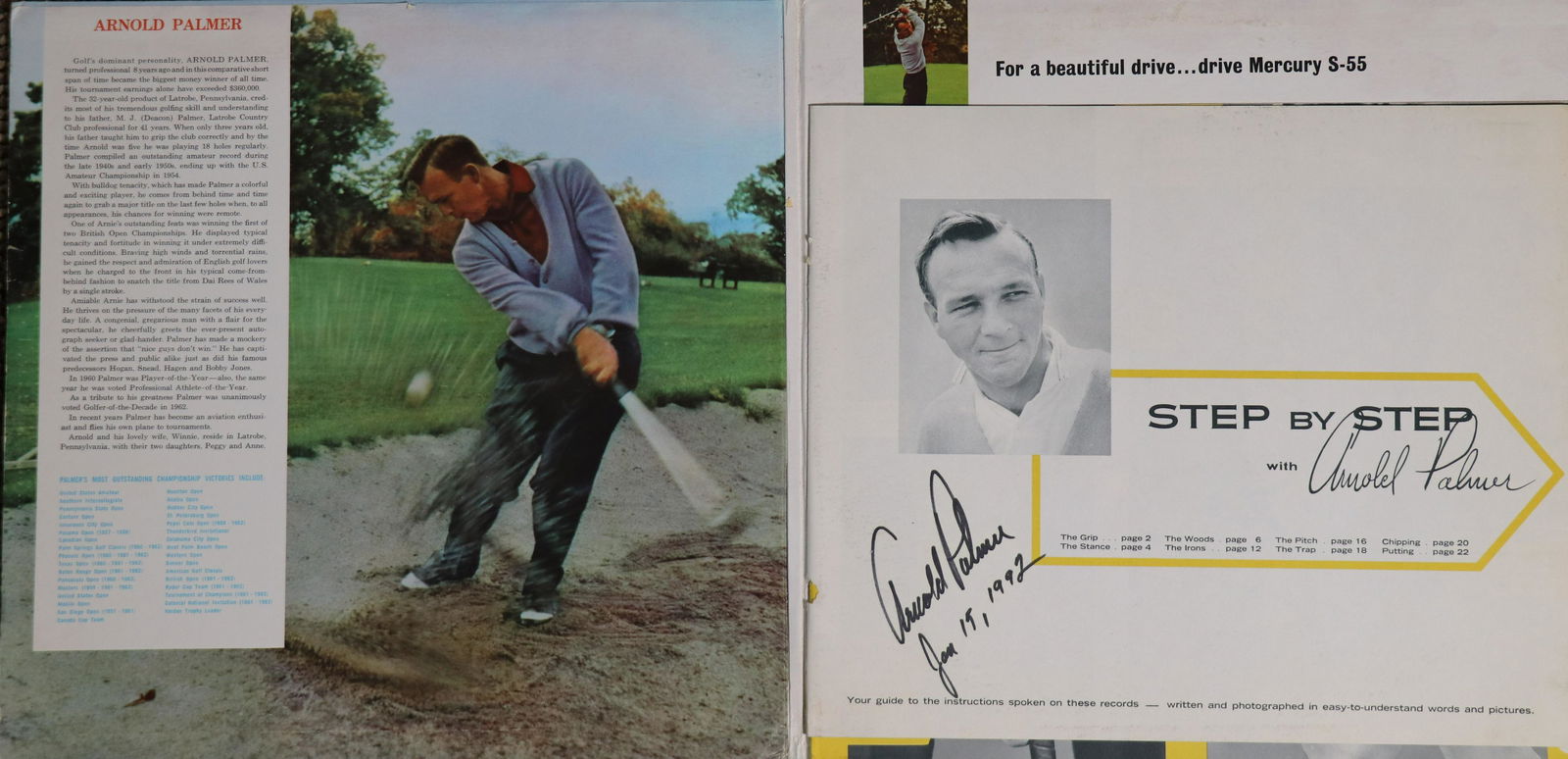 Arnold Palmer signed rare gold instruction LP: A RARE gatefolded LP on golf instructions signed by Palmer inside as shown with COA