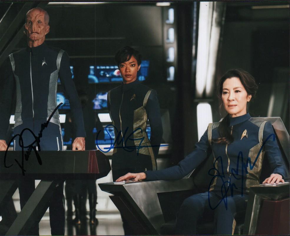 Star Trek Discovery cast signed photograph: A color 8x10 from the series signed by Michelle Yeoh, Sonequa Martin Green and Doug Jones with COA