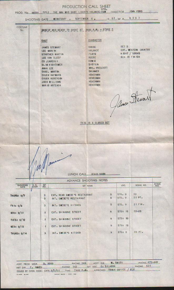 Man Who Shot Liberty Valance original call sheet signed by Stewart and Marvin (1 of 1)