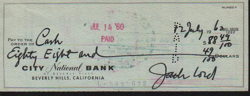 Jack Lord Hawaii 5-0 star rare counter check signed in 1962 (1 of 1)