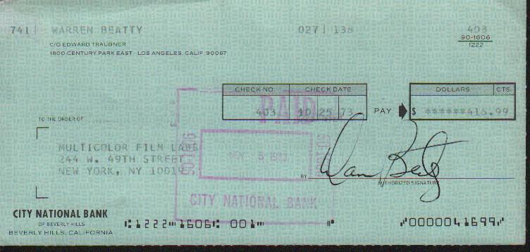 Warren Beaty scarce signed bank check (1 of 1)