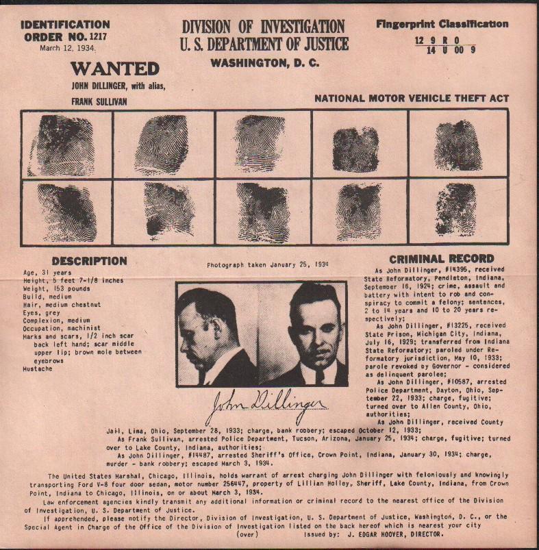 John Dillinger original FBI wanted poster (1 of 1)