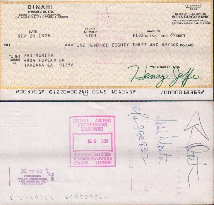 Pat Morita endorsed bank check: An endorsed check from the Dinah Shore show signed by Karate Kids Mr Miagi with COA rare