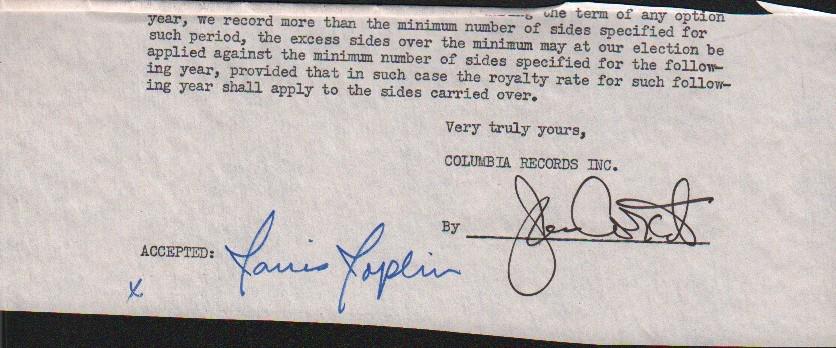 Janis Joplin signed document fragment contract (1 of 1)