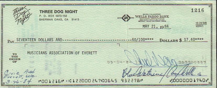 Three Dog Night signed bank check (1 of 1)