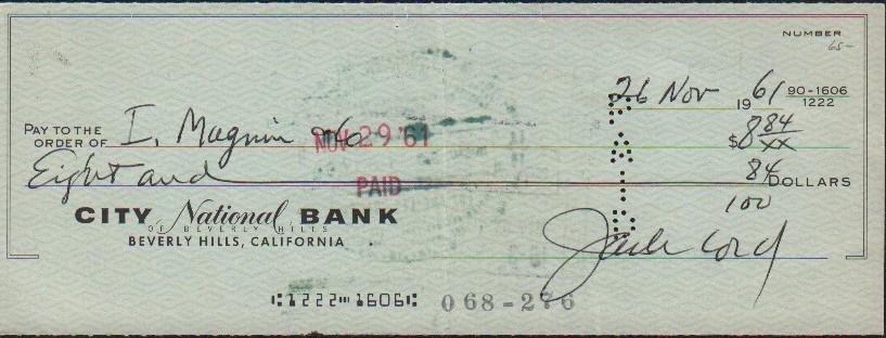 Jack Lord Hawaii 5-0 signed bank check (1 of 1)