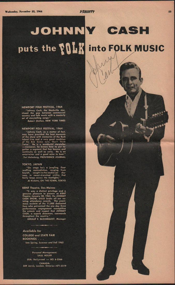 Johnny Cash rare 60s concert advertisment signed approx 9x14 (1 of 1)