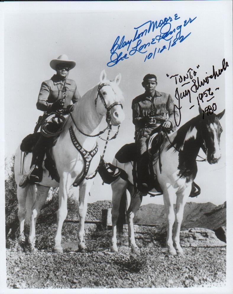 Lone Ranger AND Tonto rare vintage signed photograph: A RARE vintage Lone Ranger and Tonto signed 8x10 by Clayton Moore as the Lone Ranger and Jay Silverheels as Tonto who dated his with guaranteed COA