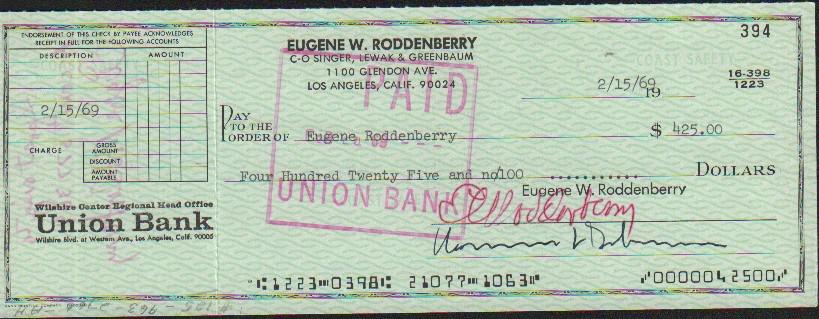 Gene Roddenberry bank check signed (1 of 1)