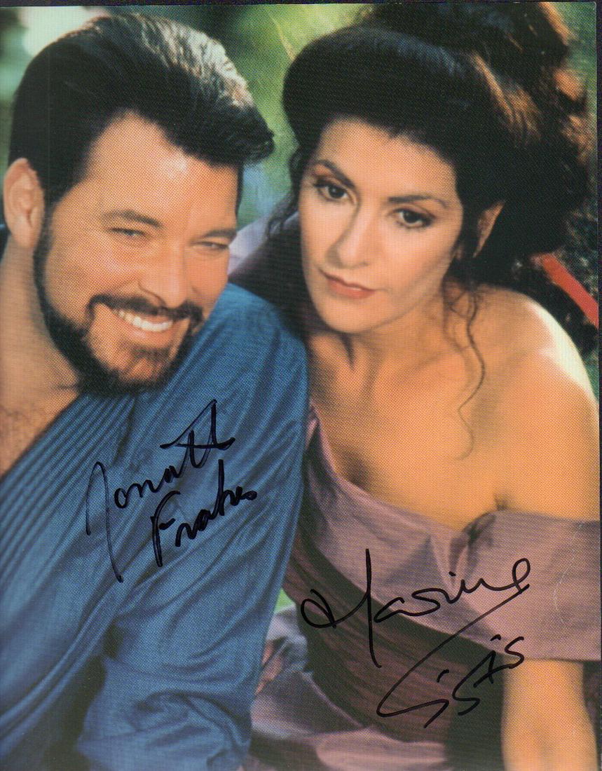 Jonathan Frakes and Marina Sirtis signed 11x14 photograph Star Trek Next Gen: 11x14 signed by both Troi and Number one in character with COA
