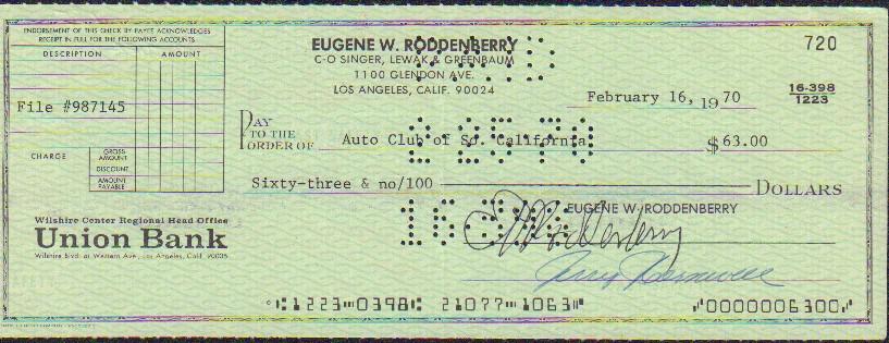 Gene Roddenberry banl check signed Star Trek creator (1 of 1)