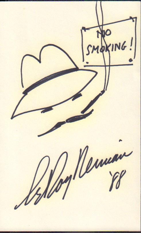 Leroy Neiman rare signed sketch: A nice self sketch with smiking ciggarette of the great artist approx 6x9 with COA