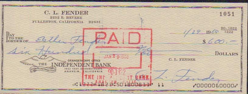 CL Fender (Guitrars) rare bank check (1 of 1)