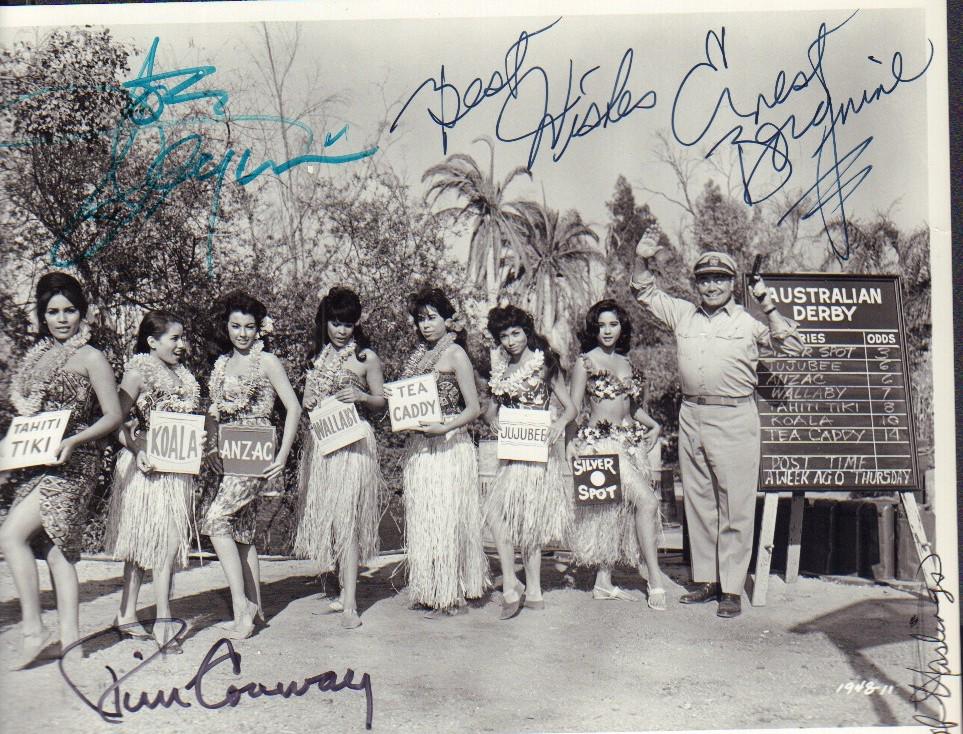 McHales Navy cast signed photograph: A vintage cast signed 8x10 from the TV series by Tim Conway, Ernest Borgnine, Joe Flynn and Bob Hastings with COA