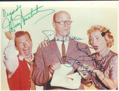 Dick Van Dyke Show cast signed photograph: A rare vintage signed 8x10 by Morey Amsterdam, Rose Marie and Richard Deacon with COA