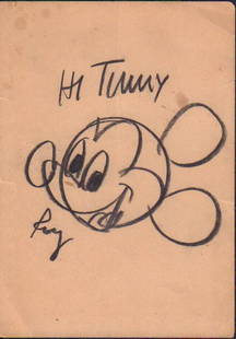 Roy Williams Disney sketch signed: Roy Williams the adult Mouseketeer on the original Mouseketeers Club was also an artist this is a rare original line up cast card advertising the show on the back of which he drew a Mickey Mouse and s