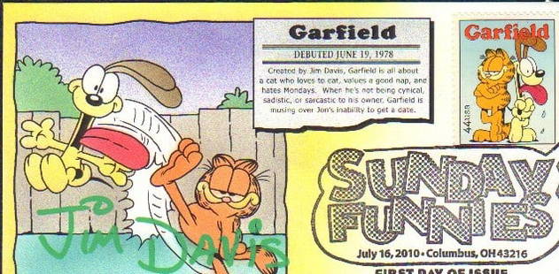 Garfield signed cover: A Garfield signed FDC By creator Jim Davis in green paint pen with COA