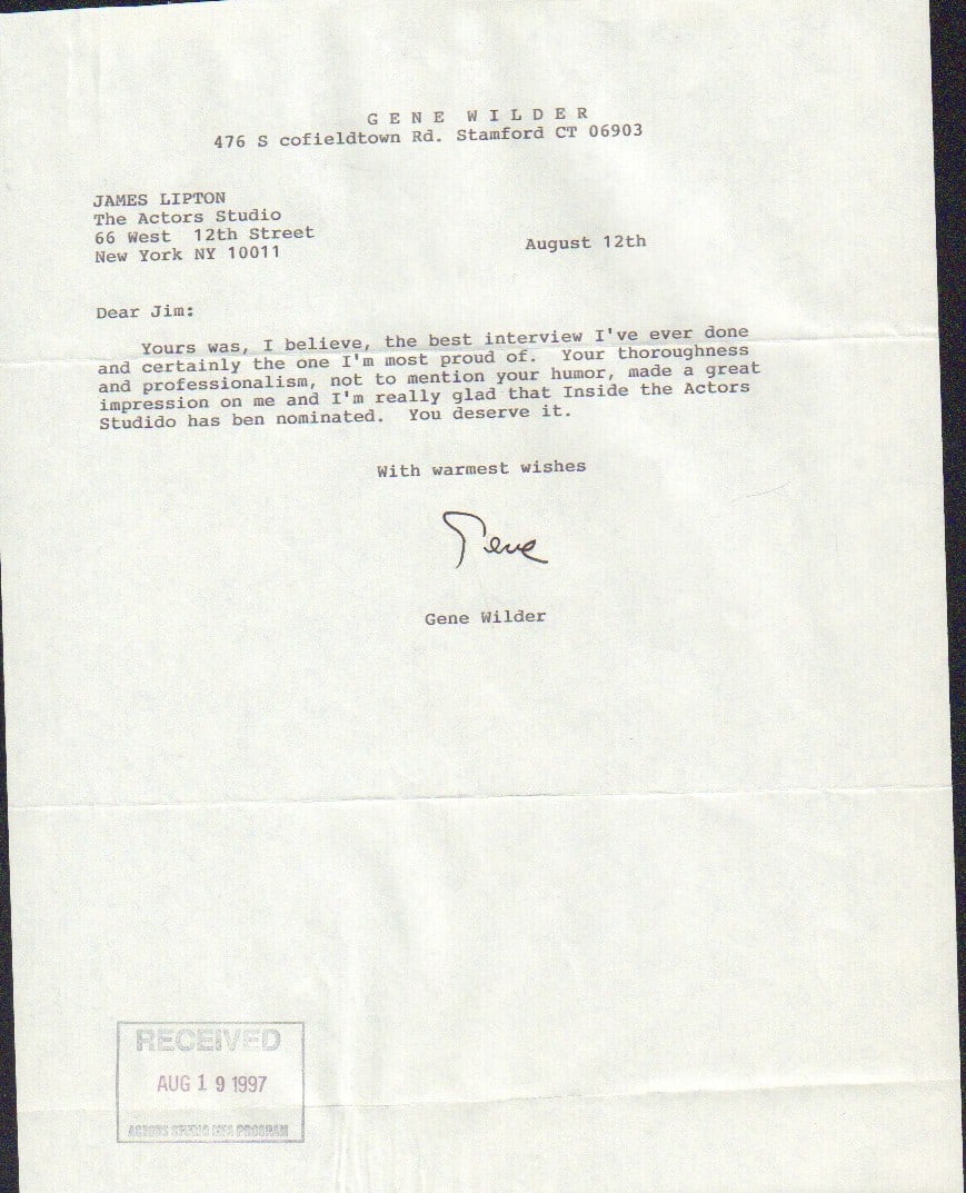 Gene Wilder signed letter to James Lipton (1 of 1)