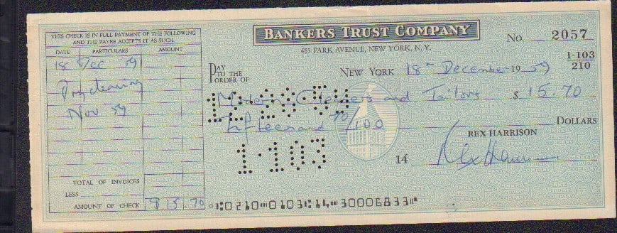 Rex Harrison signed bank check (1 of 1)