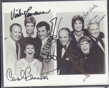 The Carol Burnett Show signed cast photograph: A vintage cast signed 8x10 by Carol Burnett Harvey Korman Vicki Lawrence Tim Conway and Lyle Waggonner with COA