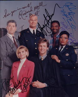 Night Court cast signed photo: A vintage original signed cast of the hit TV series recently brought back signed by Harry Anderson (deceased) John Laroquette Markie Post (deceased) Richard Moll Marsha Warfield with COA