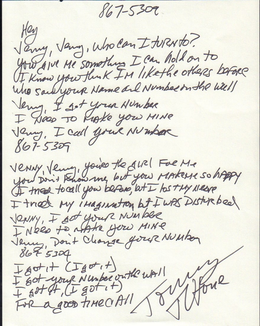 Tommy Tutone lyrics signed (1 of 1)