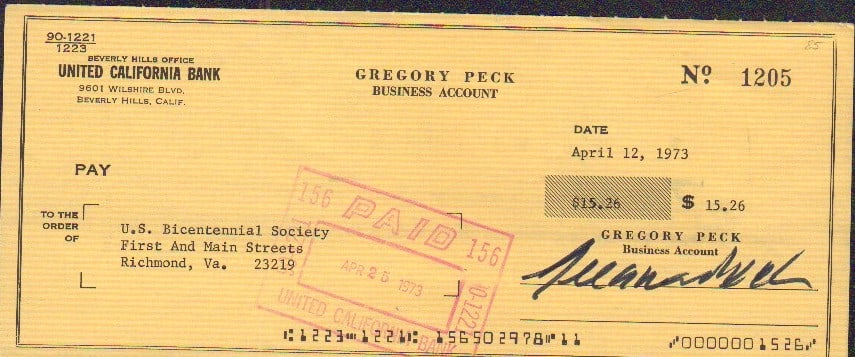 Gregory Peck signed bank check (1 of 1)