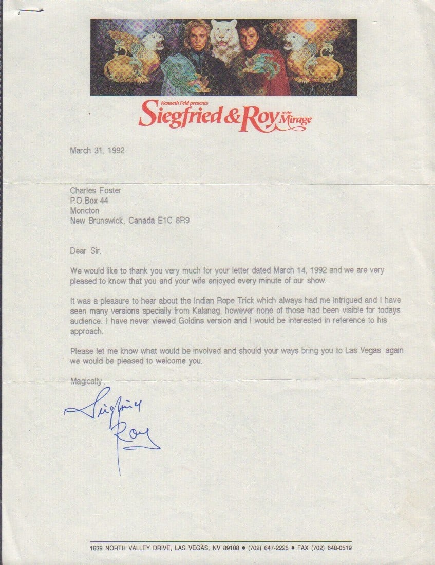 Siegfrid and Roy signed letter (1 of 1)