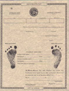 Penguins prop birth certificate Batman Returns: A prop Gotham City birth certificate production made for the Penguin in Batman Returns with COA From the archives of Earl Hayes Press the oldest continous running prop house in Hollywood since 1921.