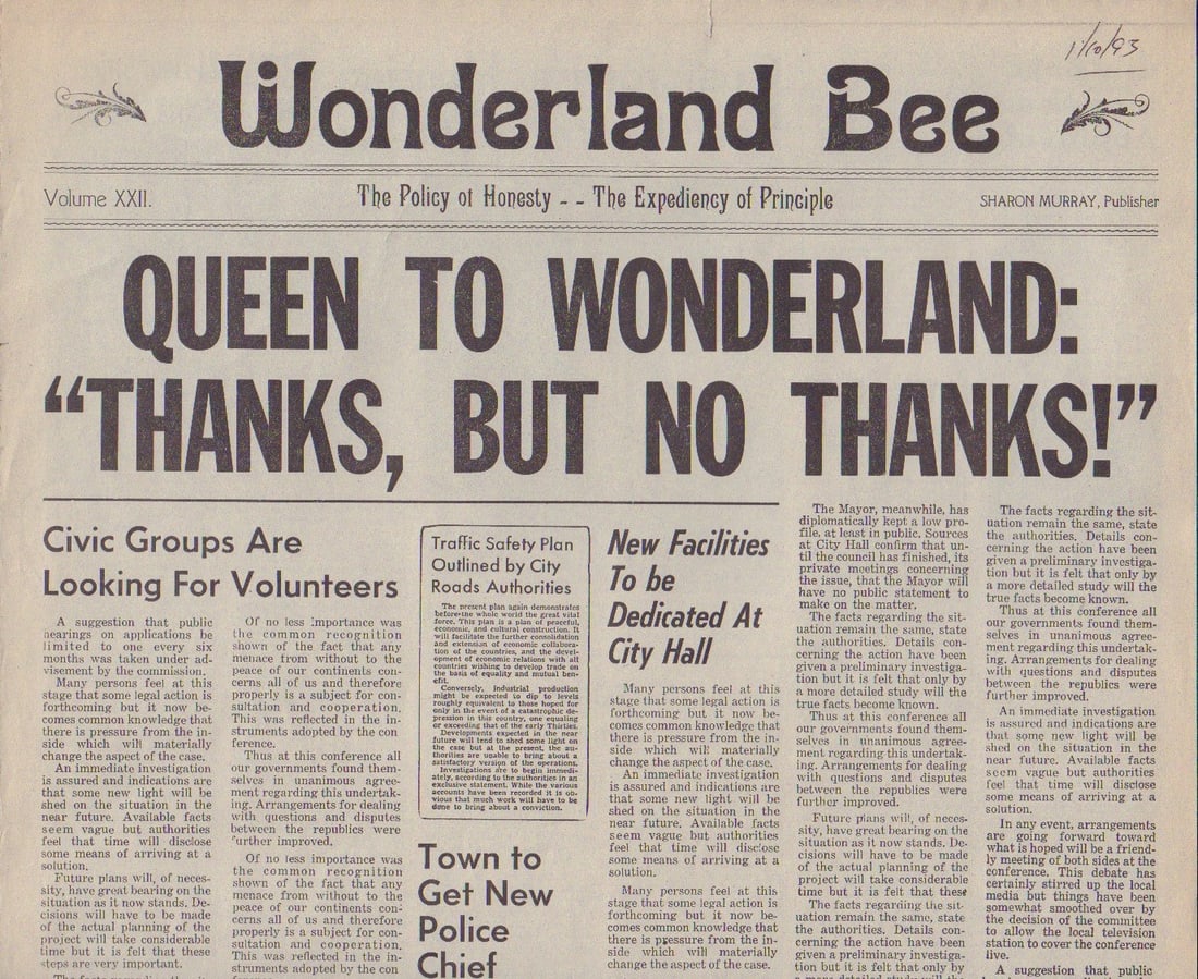 Alice in Wonderland prop newspaper: A prop front page from the film on the fictional Wonderland Bee newspaper heading with COA from Piece of the Past and prop house Earl Hayes Press who made it