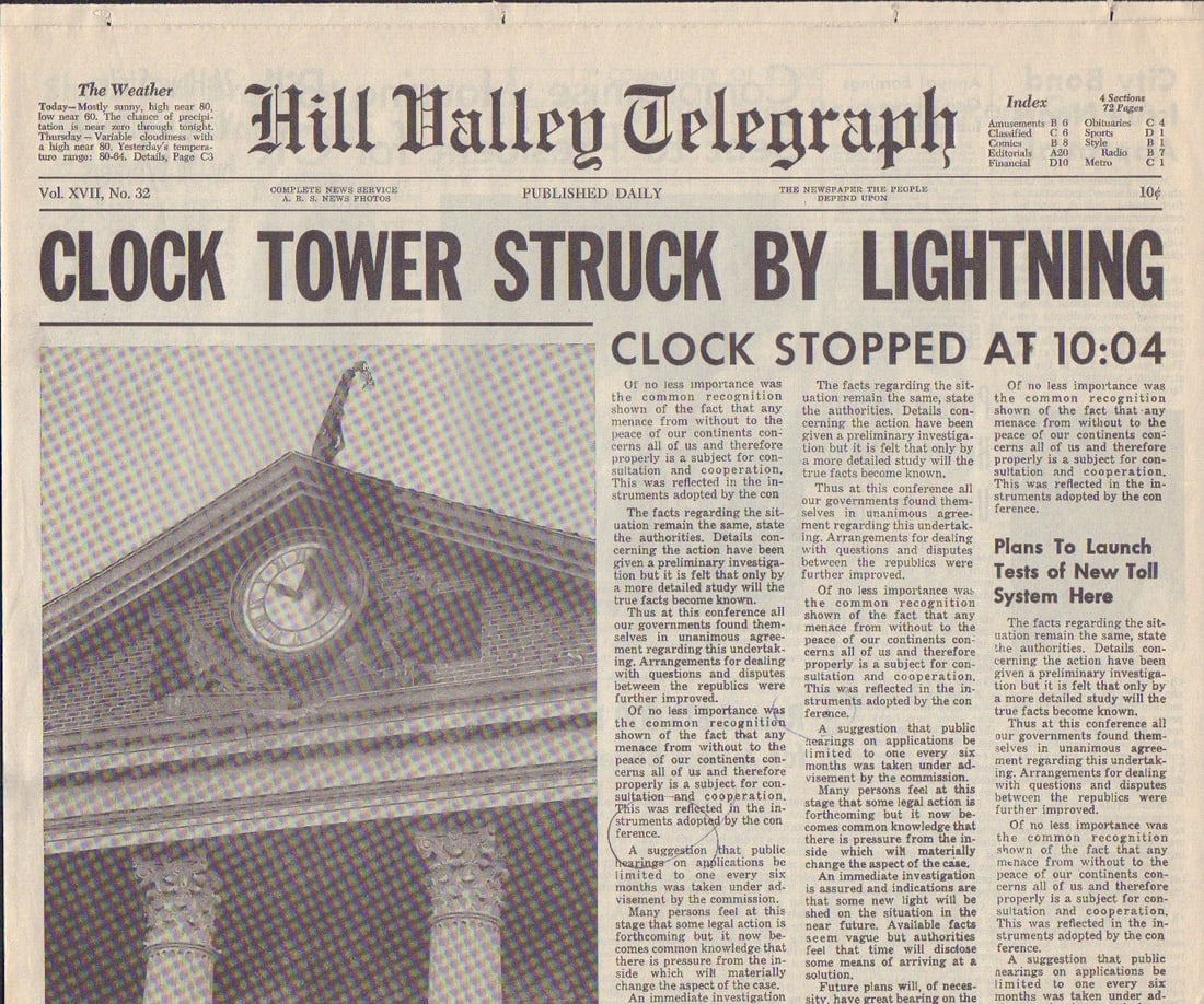 Back to the Future prop clock tower newspaper (1 of 1)