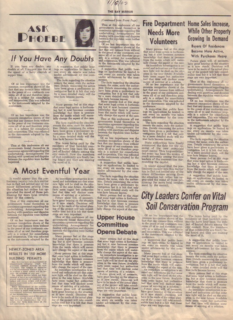 Charmed prop newspaper: A prop page from a paper used in the TV series Charmed showing Alyssa Milano in her column ASK PHOEBE with COA from Piece of the Past and prop house Earl Hayes Press who made it