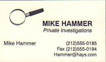 Mike Hammer prop business card: A prop business card made for the TV series mike Hammer starring Stacey Keach with COA from Piece of the Past and prop house Earl Hayes Press who made it
