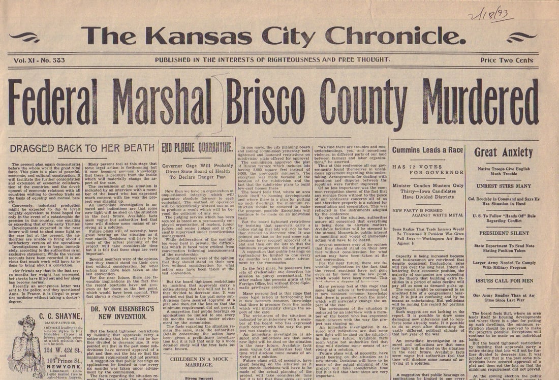 Brisco County Jr prop newspaper: A prop paper made for the TV series use with COA from Piece of the Past and prop house Earl Hayes Press who made it