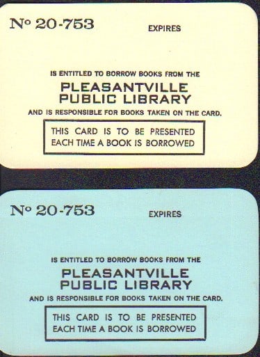 Pleasantville prop library cards: A pair of prop library cards used in the film one was for COLOR sequences the other for the black and white film sequences with COA from Piece of the Past and prop house Earl Hayes press