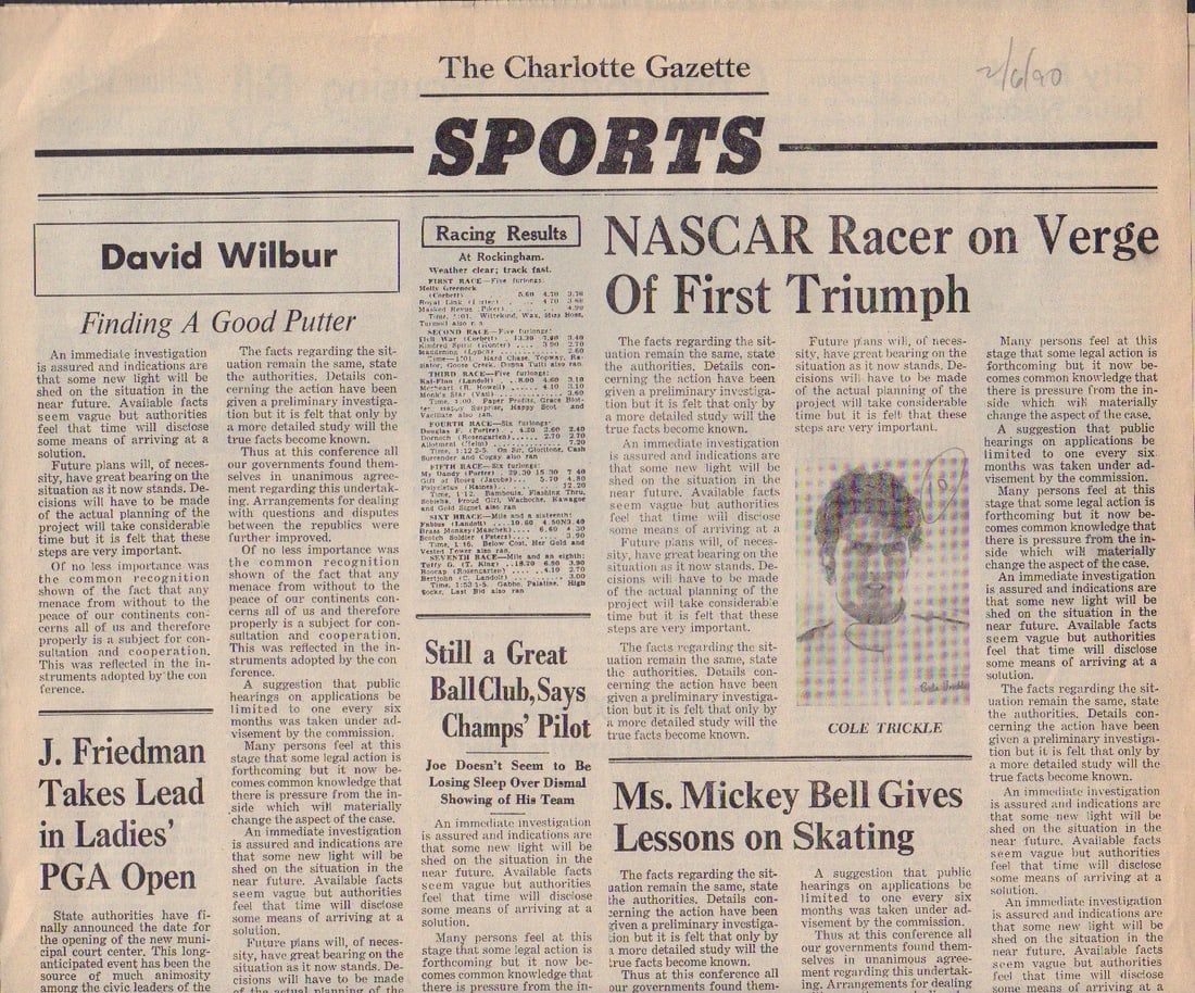 Days of Thunder prop newspaper: A prop newspaper made for use in the Cruise film with COA from Piece of the Past and prop house Earl Hayes press