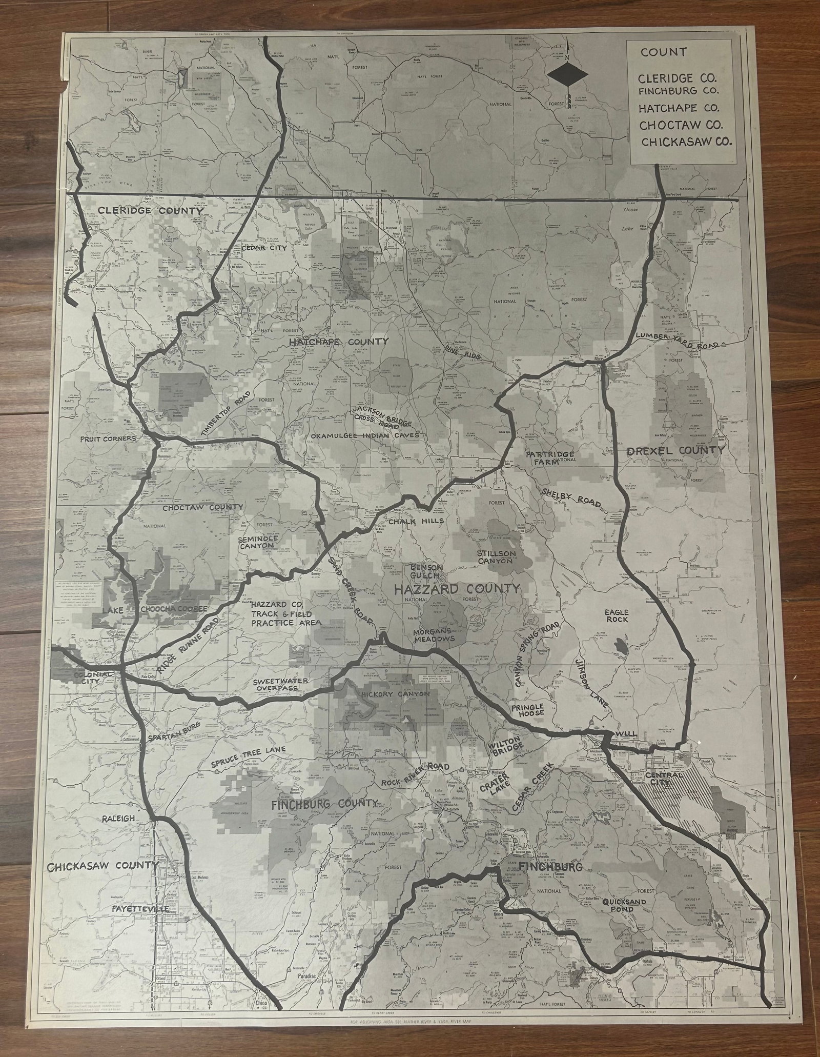 Dukes Of Hazzard rare prop map: A rare LARGE prop map approx 24x36 of Hazzard County made for and seen In the sherrifs office on numerous episoides with COA from Piece of the Past and prop house Earl Hayes Press who made it