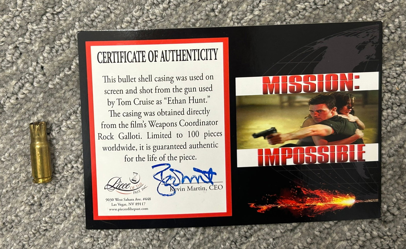 Mission Impossible shell casing fired by Tom Cruise: An actual shot shell casing from Mission Impossible I by Tom Cruise with COA from his weapons coordinator who kept some of them when scenes wrapped
