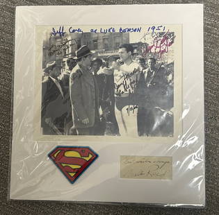 Superman matted ensemble: From the early serials this is a signed photoby Jeff Corey Jerry Maren beverly Washburn Phyliss Coates as Lois Lane A RARE clip signature of Walter Reed and a vintage Superman symbol patch all in one