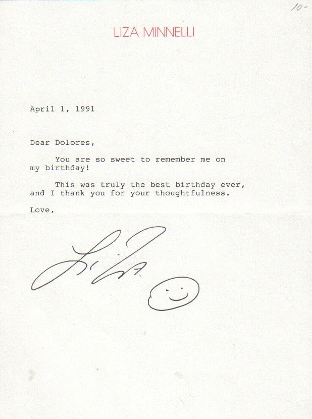 Liza Minelli signed note (1 of 1)