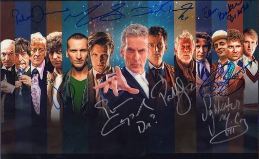 Dr WHO signed cast ensemble: A rare 10x15 photograph showing every actor to play him signed by an astonishing eight Sylvester McCoy Peter Davison Colin Eccleston David Tennant Tom Baker Colin Baker Matt Smith and Peter Capaldi wi