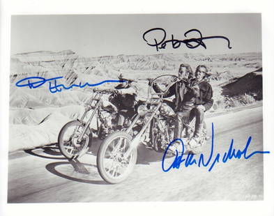 Easy Rider cast signed photograph: A vintage bw 8x10 signed by Jack Nicholson Peter Fonda and Dennis Hopper with COA