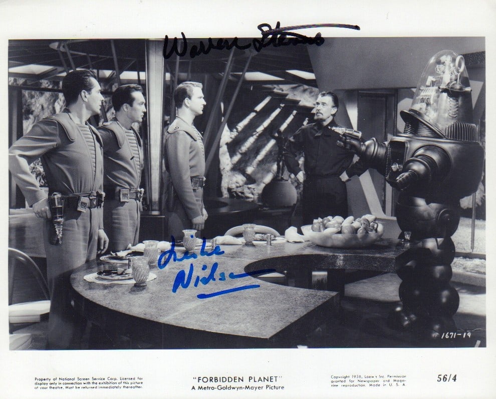 Forbidden Panet cast signed rare photograph: An original still signed later by Leslie Neilsen and Warren Stevens with COA